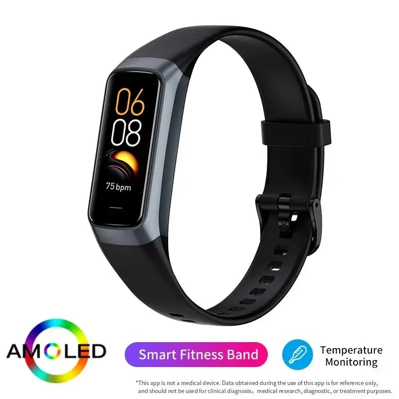 Black amoled smart fitness band with heart rate and body temperature monitor displaying time and heart rate