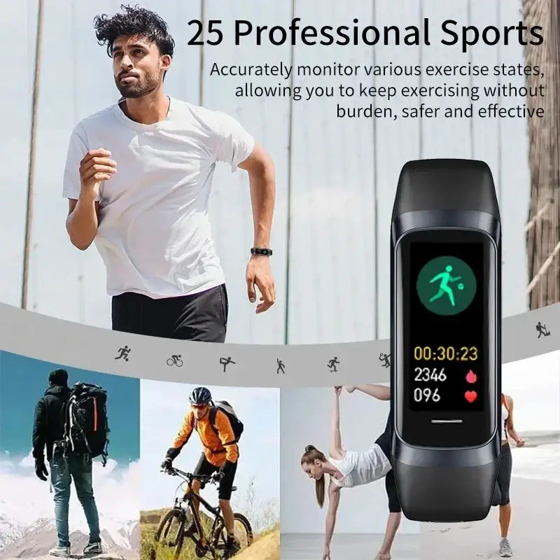Black fitness tracker smartwatch with rectangular screen displaying heart rate and body temperature data icons