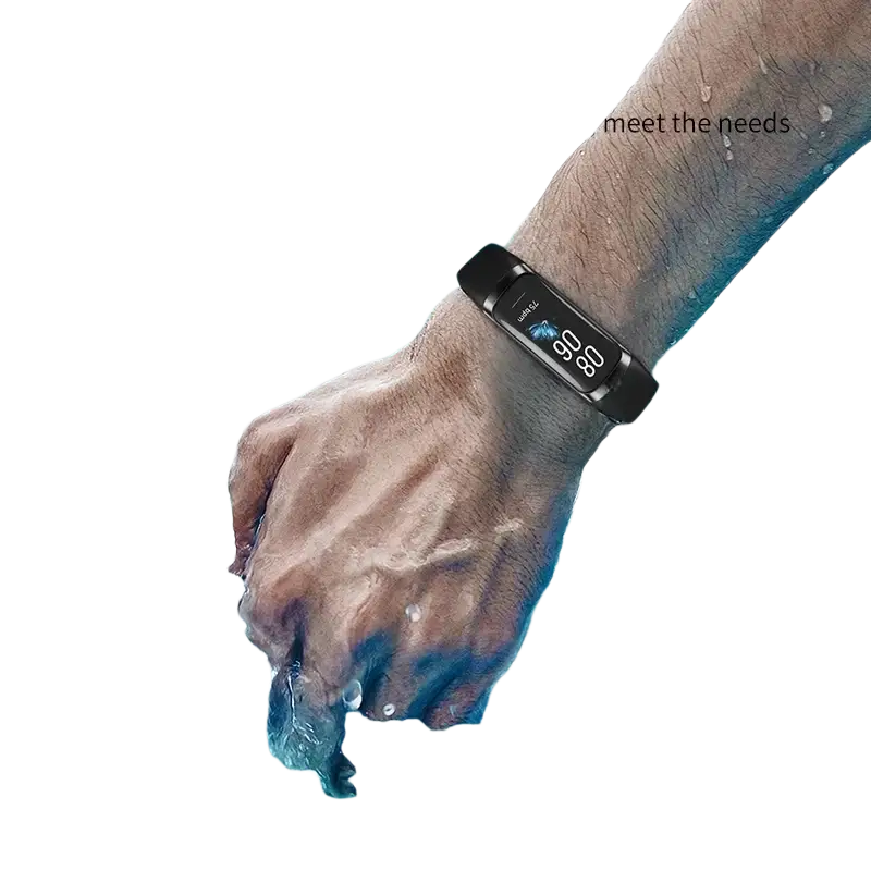 Black ip67 waterproof smartwatch with heart rate and body temperature monitor worn on wrist submerged in water