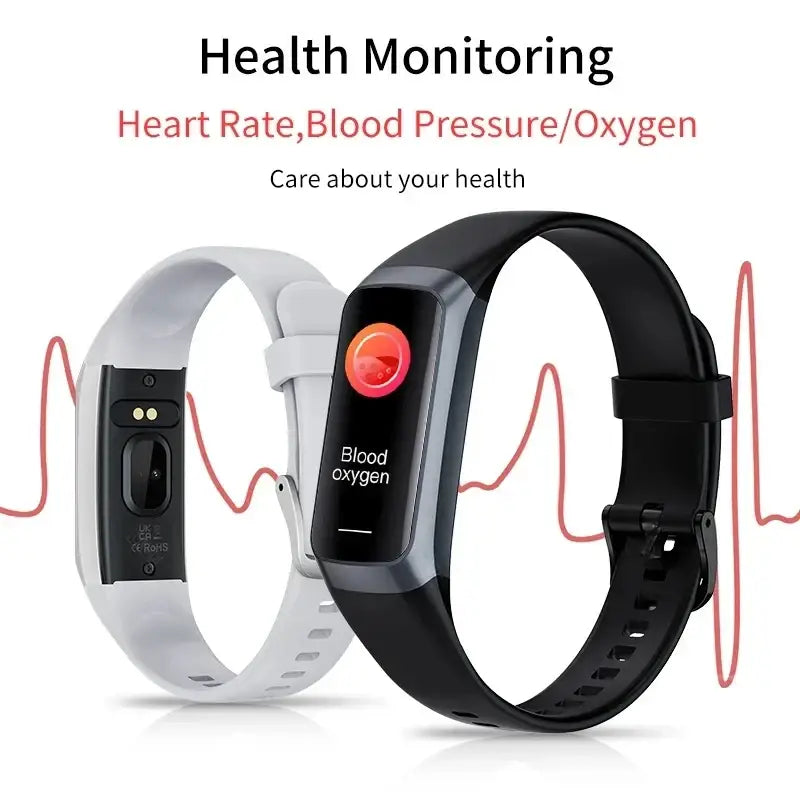 Black and silver health monitoring smartwatch with rectangular screen displaying blood oxygen and heart rate levels