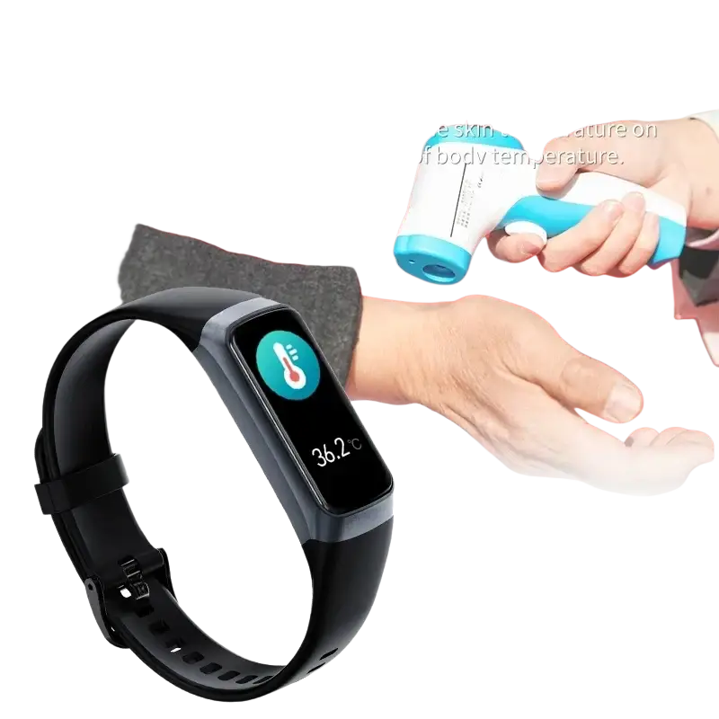 Black smartwatch with sleek rectangular screen and adjustable silicone strap displaying body temperature and heart rate