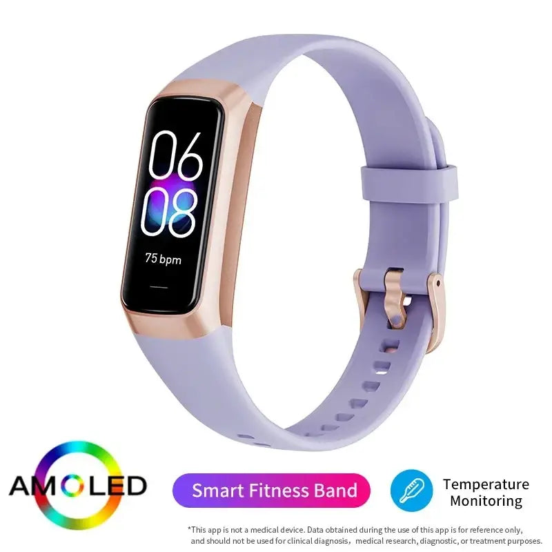 Lavender silicone smartwatch with rose gold accents and rectangular amoled display monitors heart rate and body temperature