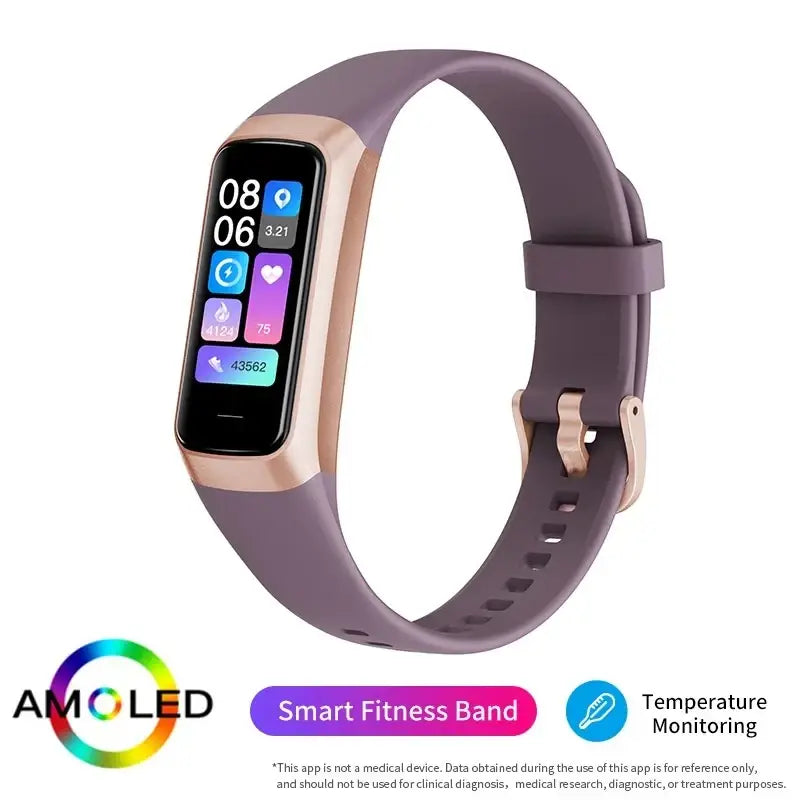 Purple silicone smartwatch with rose gold accents featuring heart rate and body temperature monitor on amoled screen
