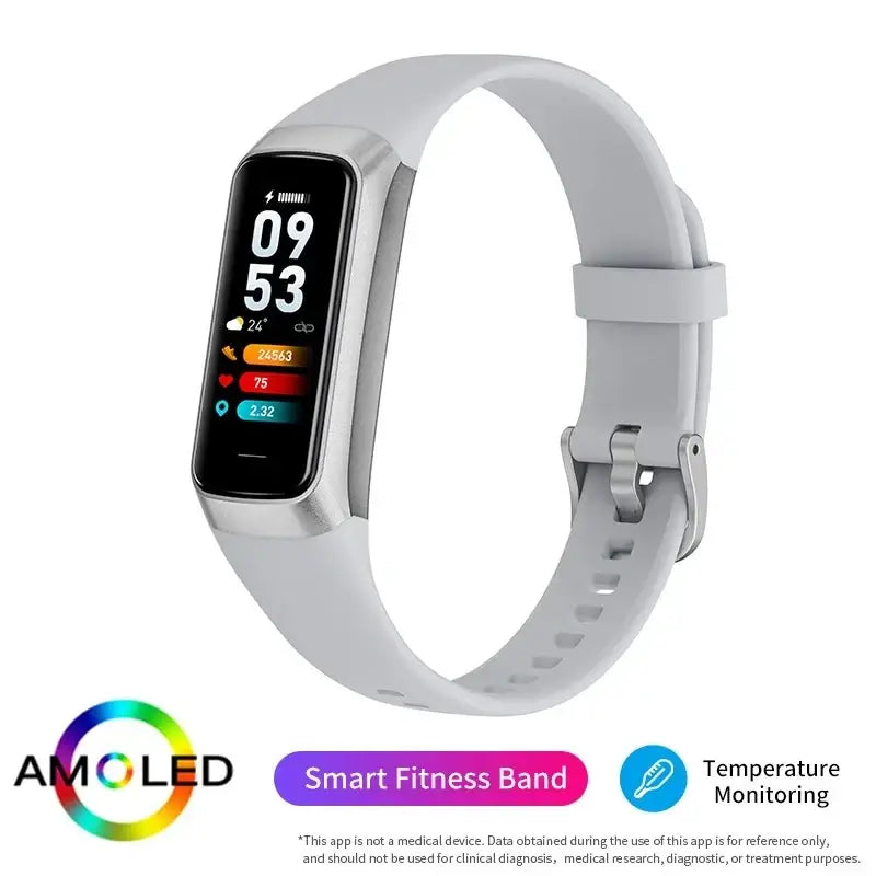 A sleek light gray smartwatch with amoled screen and metallic bezel monitoring heart rate and body temperature