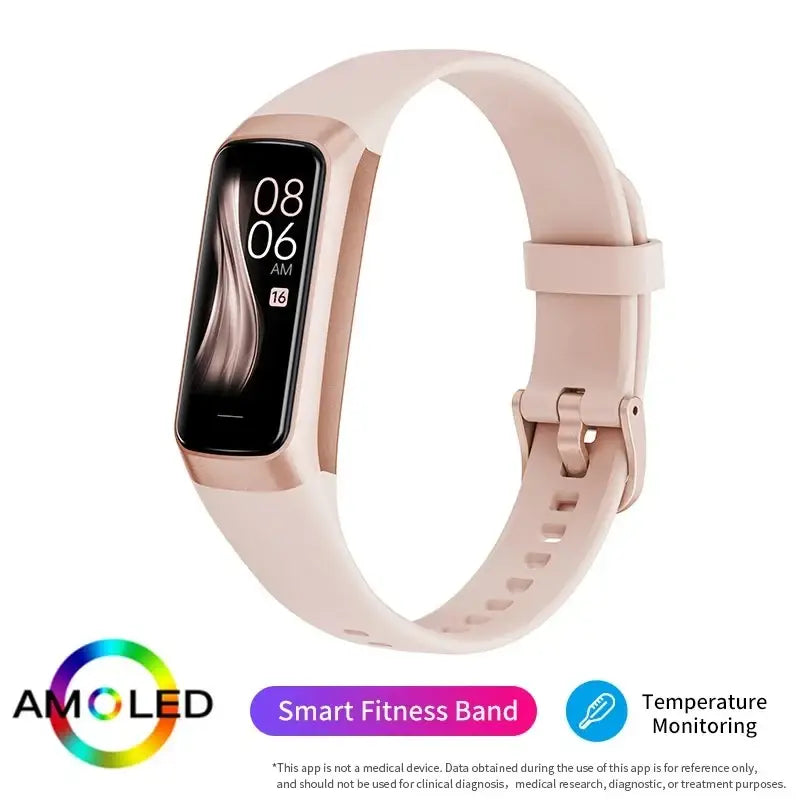A sleek rose gold and blush pink amoled smartwatch with heart rate, body temperature, and blood pressure monitor