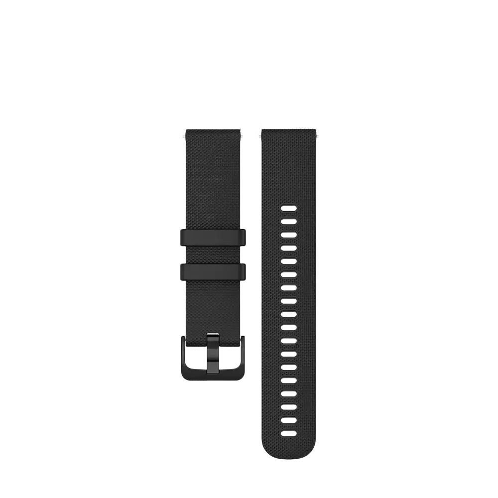 Black woven nylon smartwatch watch strap with matte black buckle and adjustable holes for Garmin Vivoactive and Forerunner