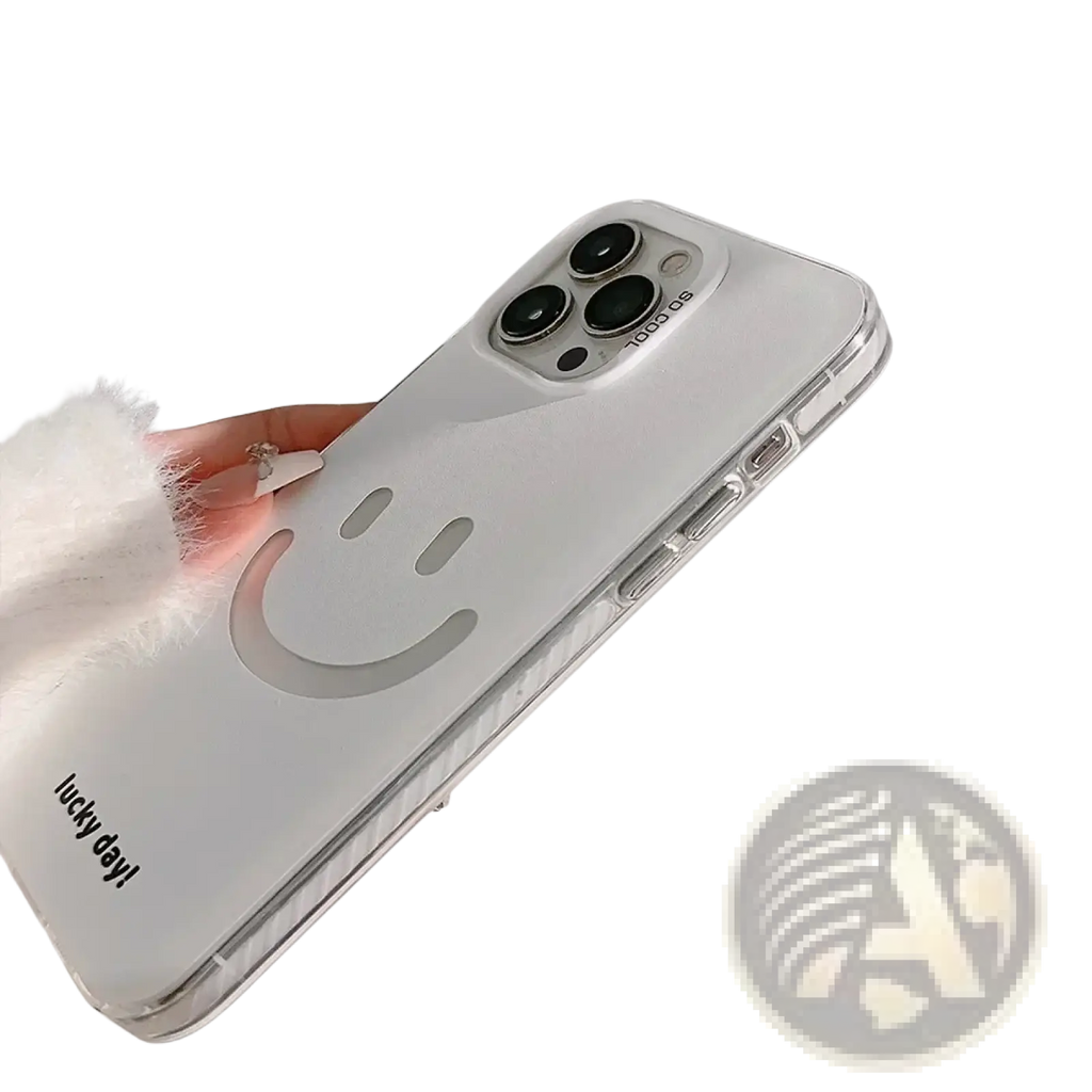 Clear white minimalist iphone case with subtle smiley face design and lucky day text on the back side