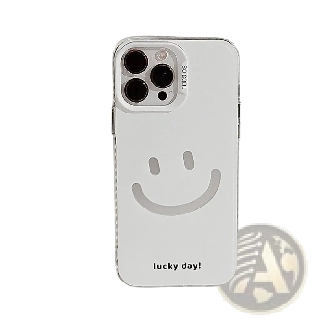 Back side of a white transparent minimalist iphone case with a smiling face design and lucky day text