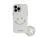 Back side of a white transparent minimalist iphone case with a smiling face design and lucky day text