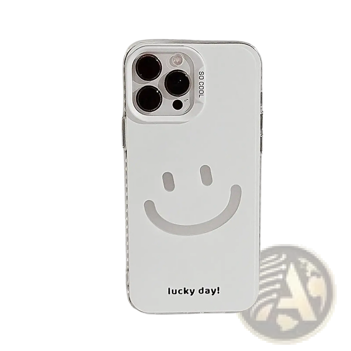Back side of a white transparent minimalist iphone case with a smiling face design and lucky day text