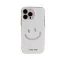 Back side of a white transparent minimalist iphone case with a smiling face design and lucky day text