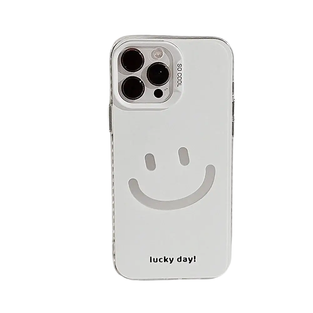 Back side of a white transparent minimalist iphone case with a smiling face design and lucky day text