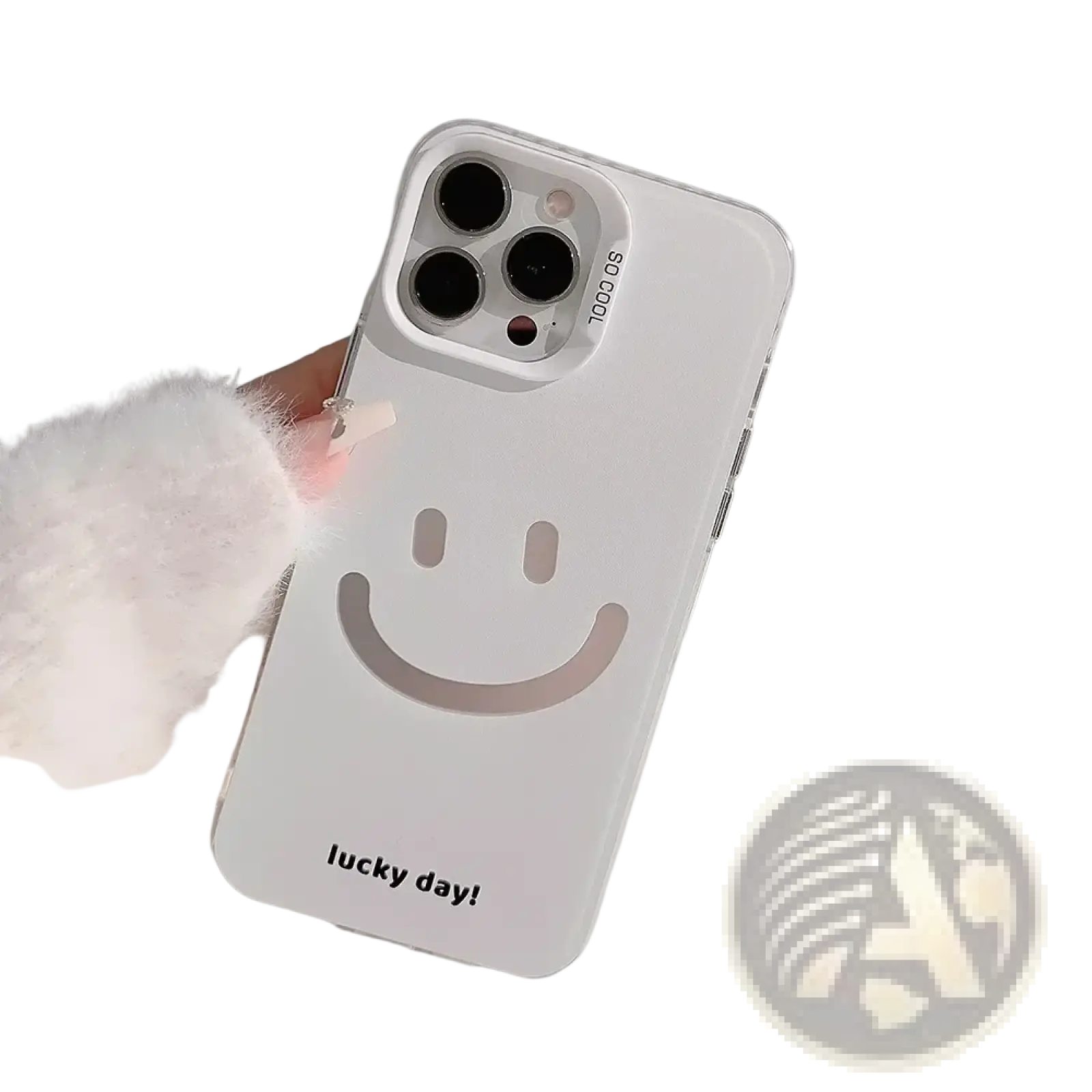 Back side of a white transparent iphone case with a smiling face design and lucky day text minimalist cover