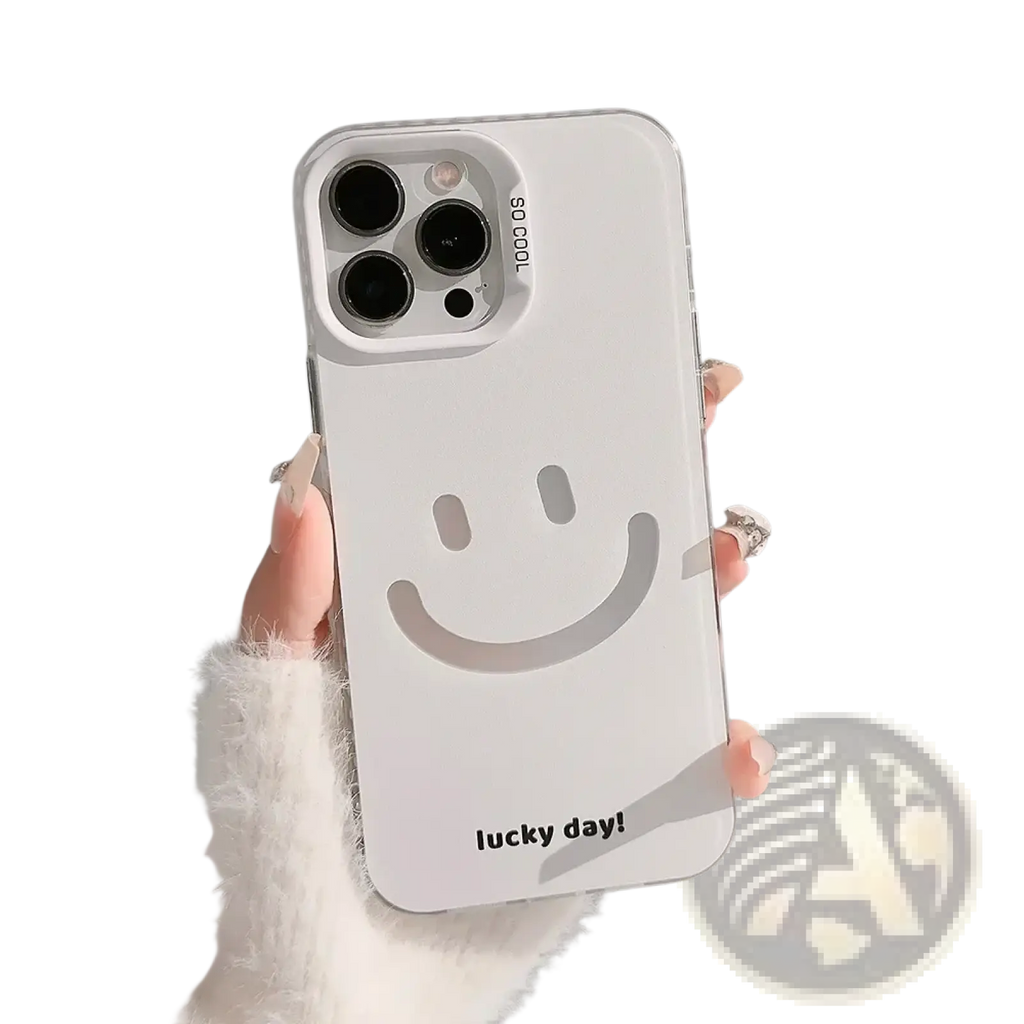 White transparent iphone case with smiling face design and lucky day text visible on the back side