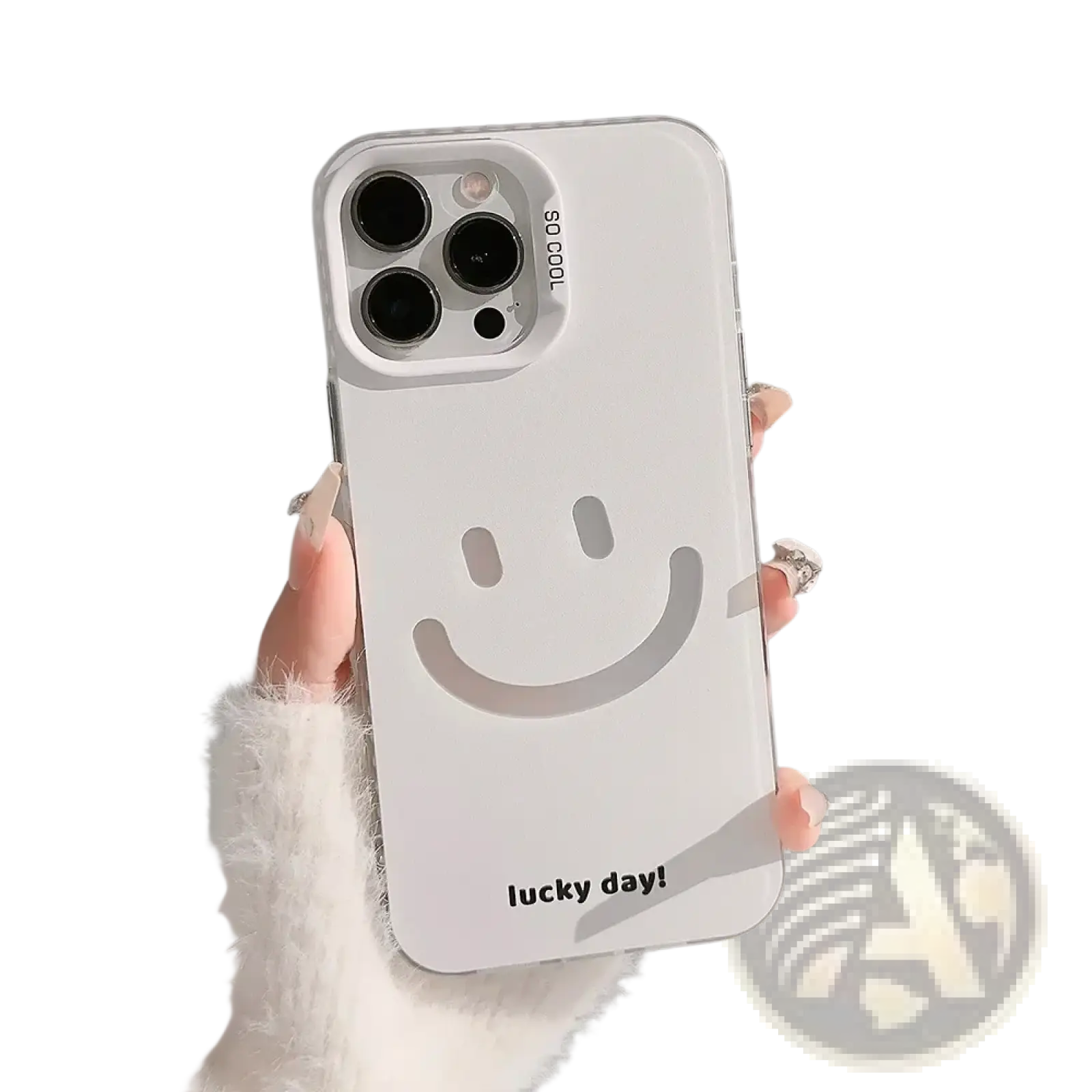 White transparent iphone case with smiling face design and lucky day text visible on the back side