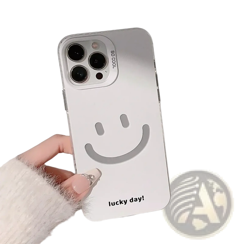 Back side of a white transparent iphone case with gray smiley face design and lucky day text minimalist cover