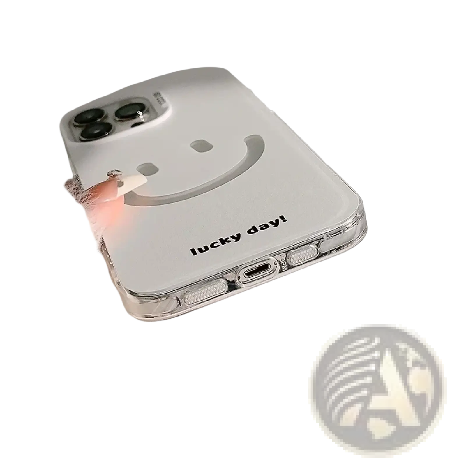Back of a white transparent smiley face iPhone case with minimalist lucky day text design