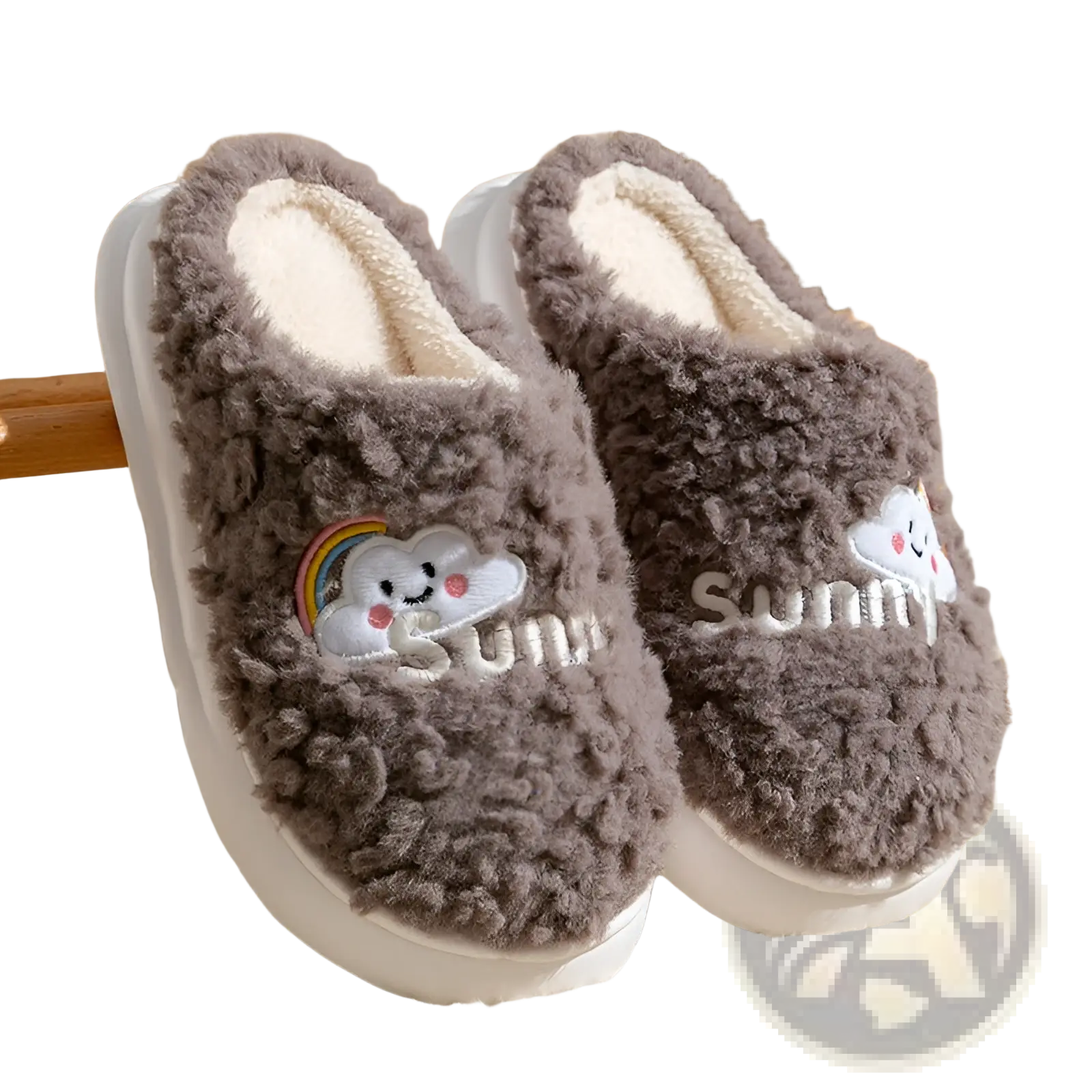 Gray fuzzy plush cotton slippers with embroidered smiling cloud and rainbow design and white sole interior