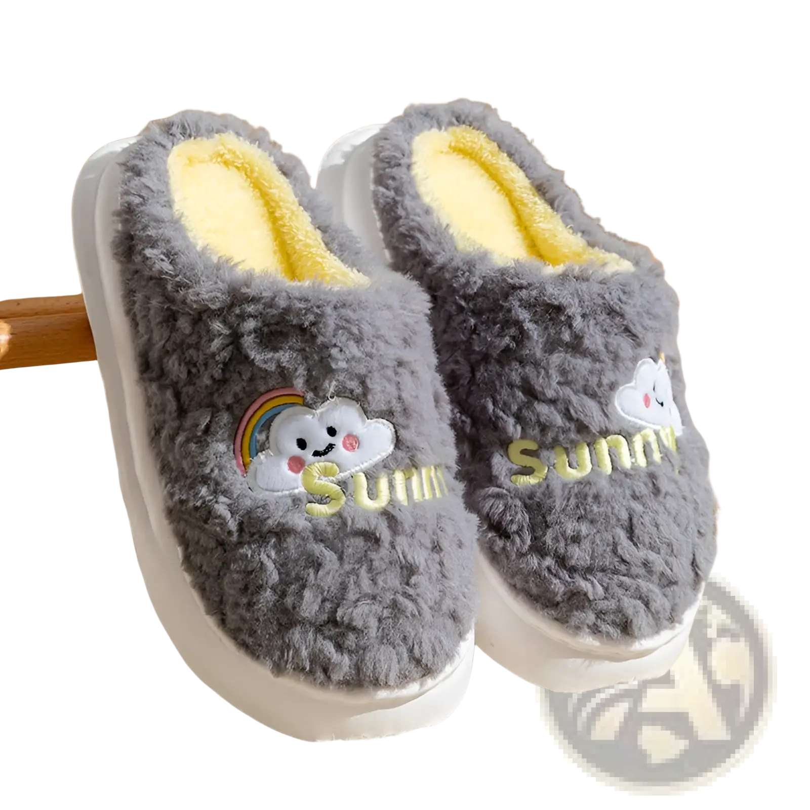 Gray fluffy plush cotton slippers with yellow interior featuring embroidered cloud rainbow and sunny lettering