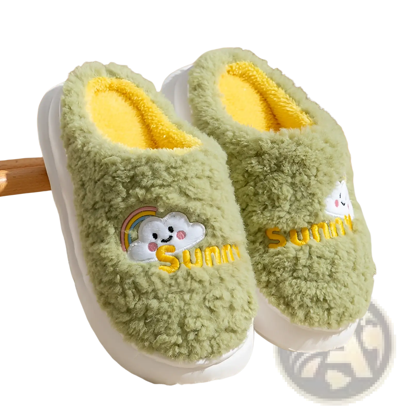 Soft green plush cotton slippers with yellow interior embroidered with cloud rainbow and sunny lettering