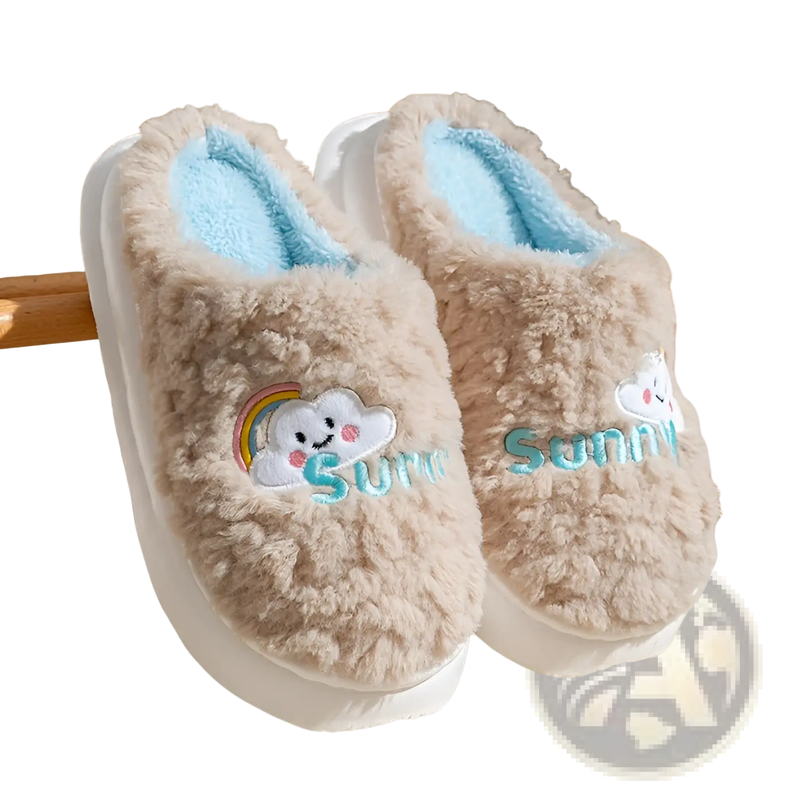 Beige smiling cloud and rainbow plush cotton slippers with embroidered design light blue lining and white rubber sole