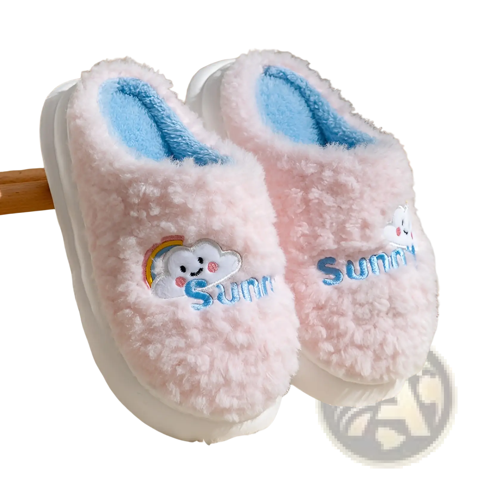 Pink fluffy plush cotton slippers with smiling cloud and rainbow embroidery, blue lining, and white soles