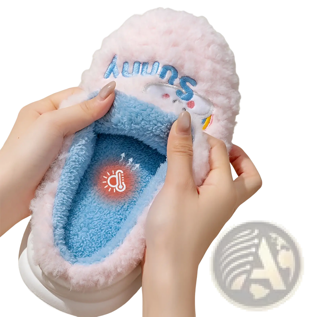 Smiling Cloud and Rainbow plush cotton slippers in pink and blue fluffy heated design with sunny embroidered in light blue