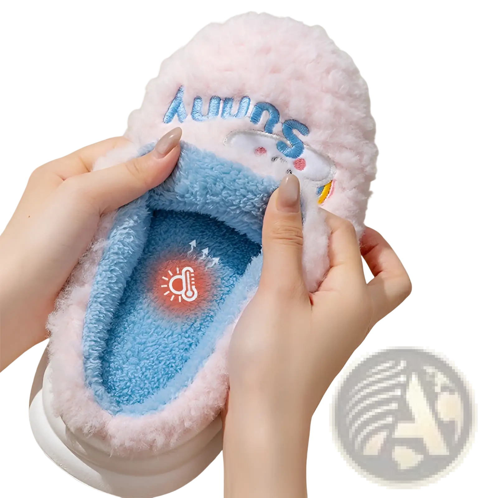 Smiling Cloud and Rainbow plush cotton slippers in pink and blue fluffy heated design with sunny embroidered in light blue