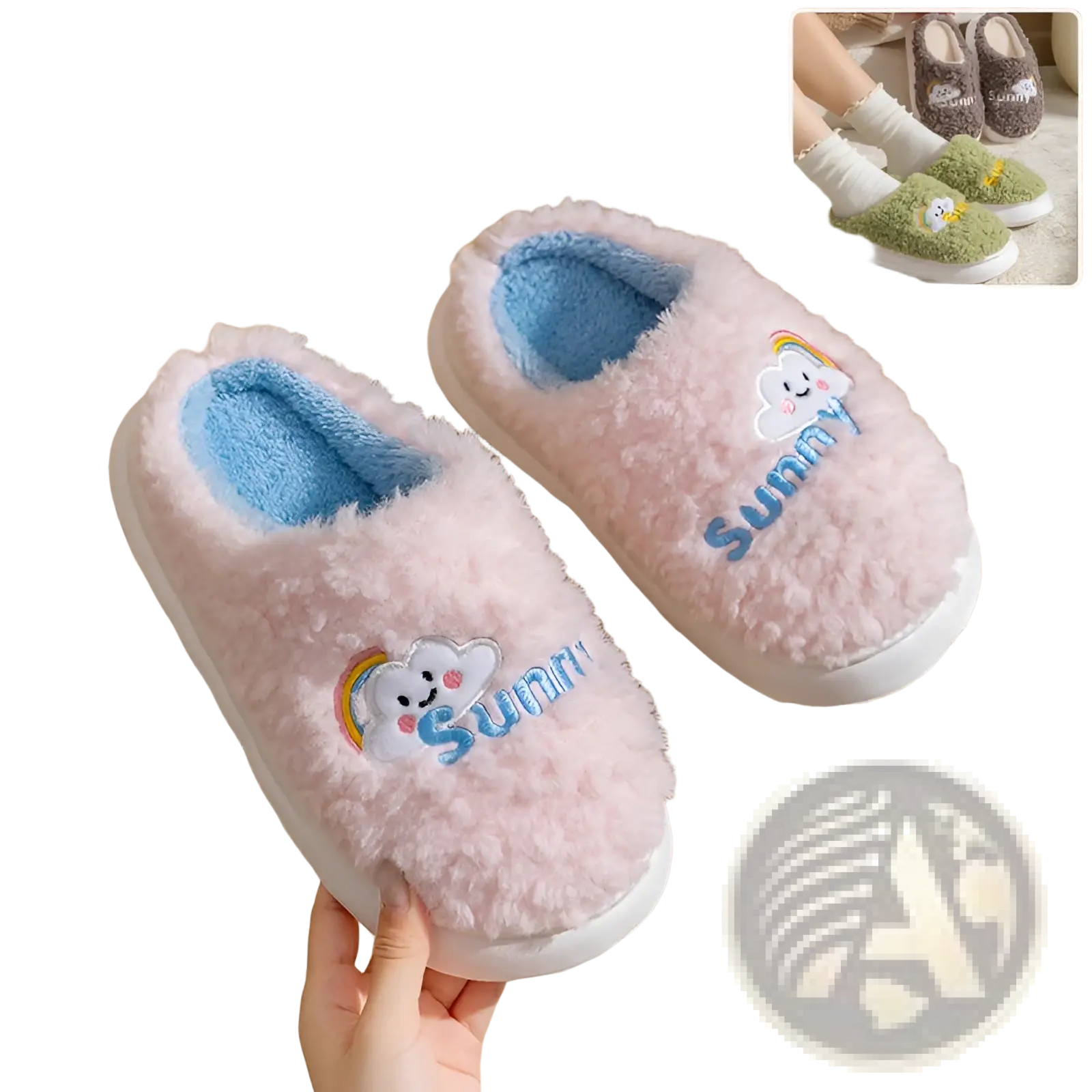 Pink fluffy cotton slippers with smiling cloud and rainbow embroidery and blue lining inside for indoor comfort