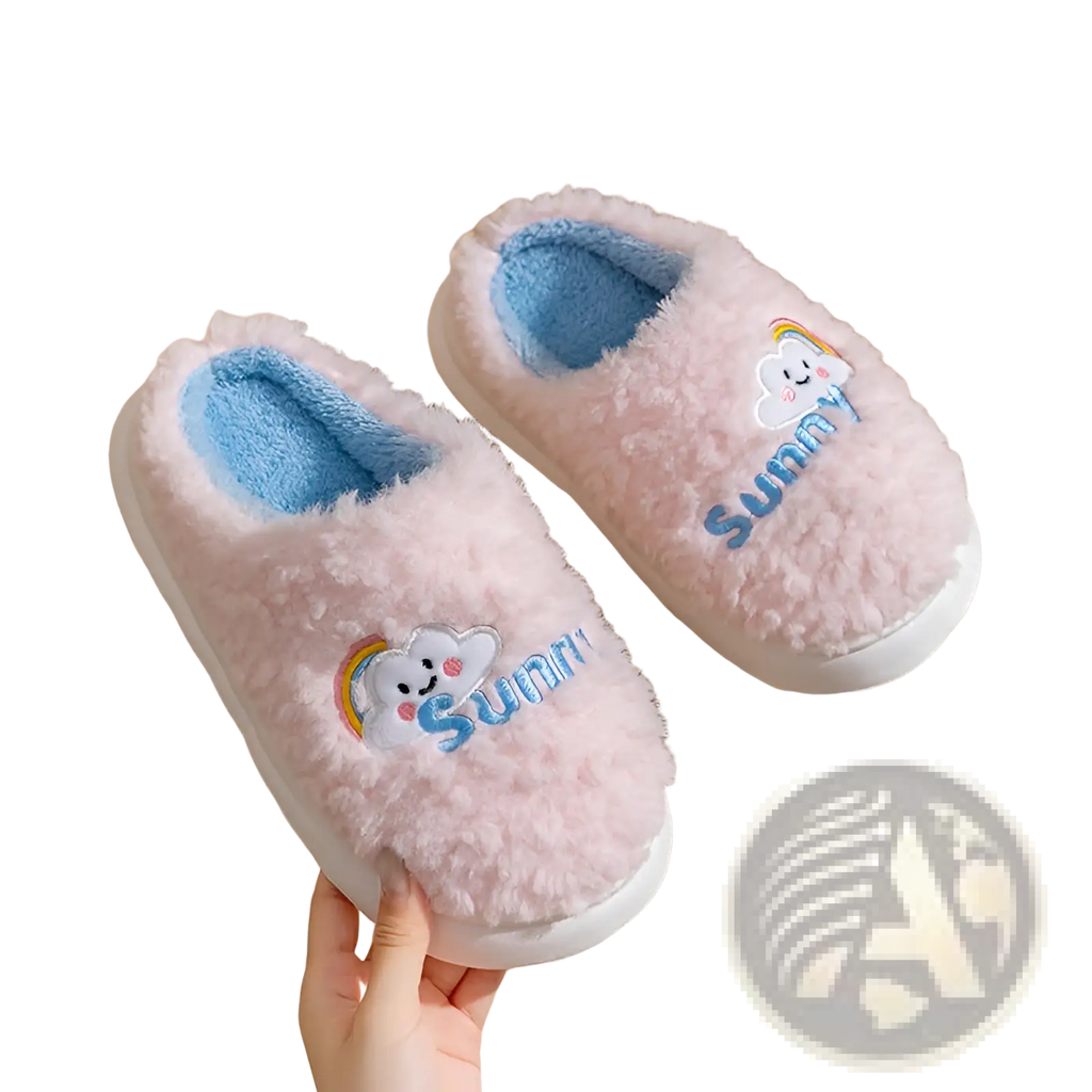 Pink fluffy cotton slippers with smiling cloud and rainbow embroidery light blue lining and white soles