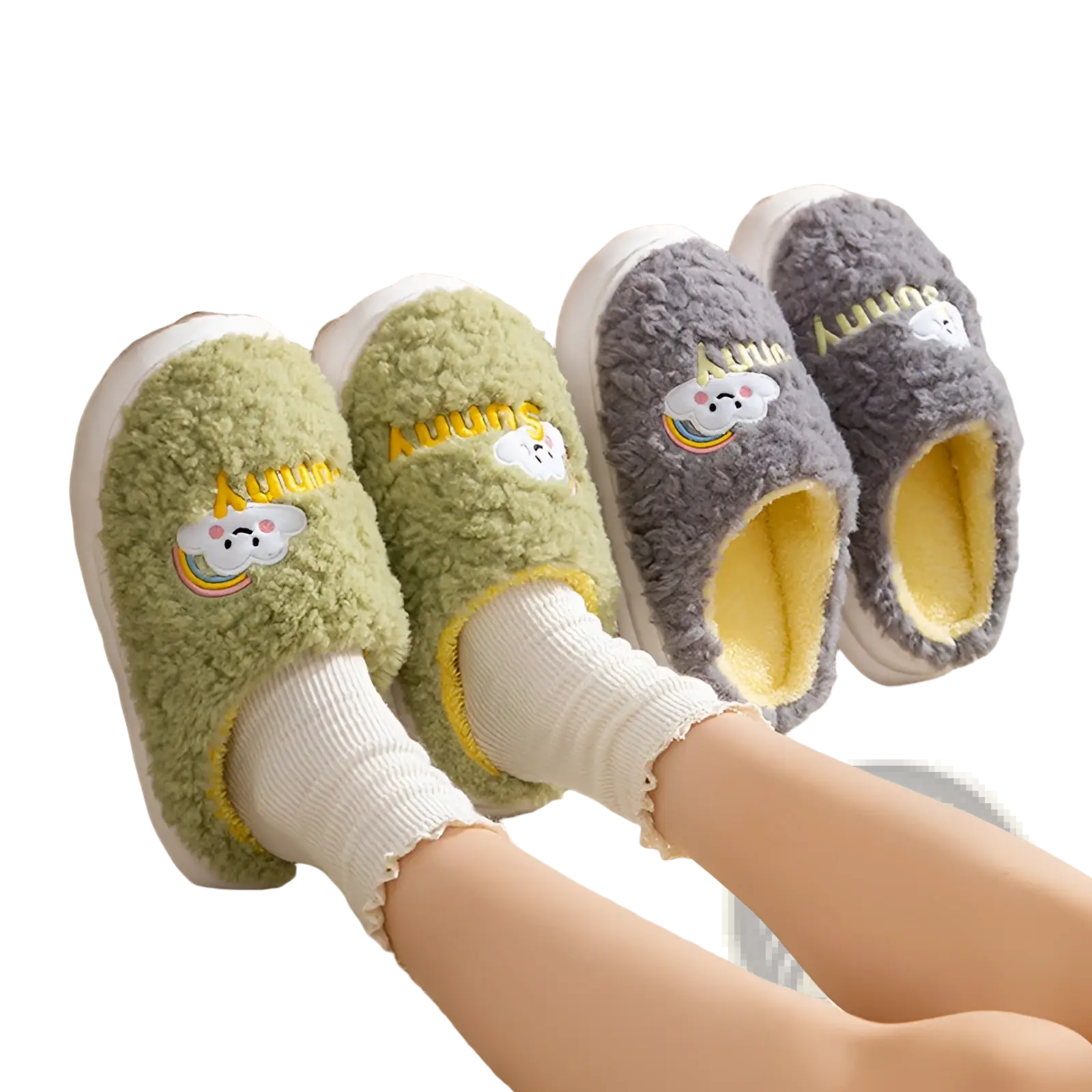 Soft green and gray plush cotton slippers with embroidered cloud and rainbow designs yellow lining and white soles