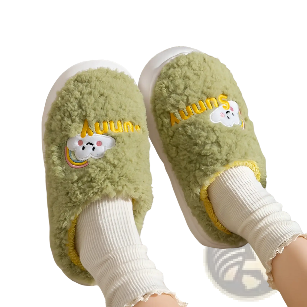 Soft mint green plush cotton slippers with embroidered sunny text and a cloud and rainbow design