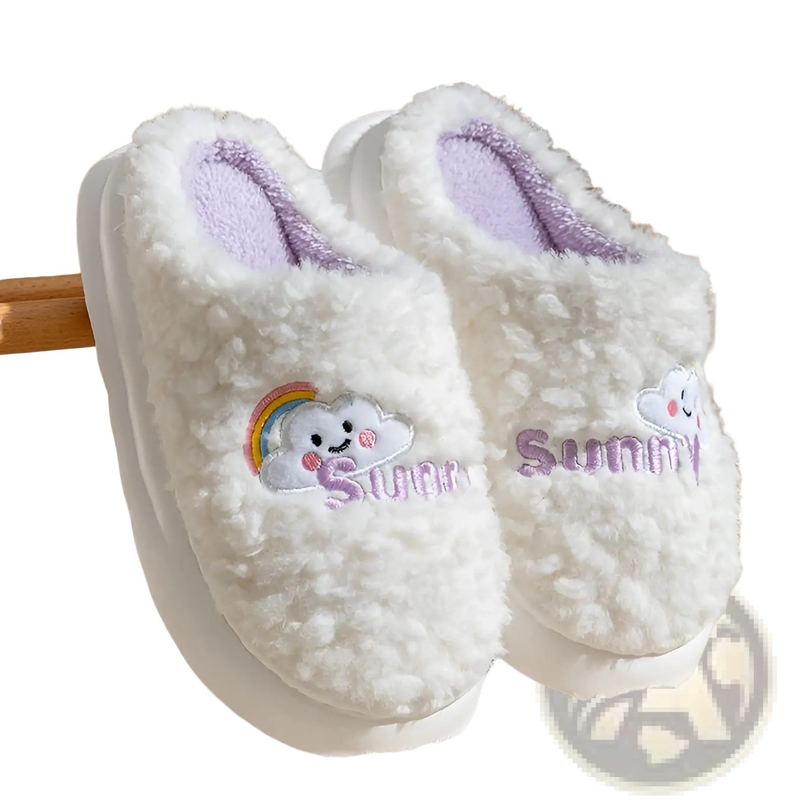 White fluffy plush cotton slippers with embroidered rainbow cloud and sunny text in purple titled smiling cloud and rainbow plush cotton slippers
