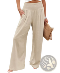 Beige smocked wide leg pants for women with a stretchy textured waistband and subtle pleats in solid color high waist