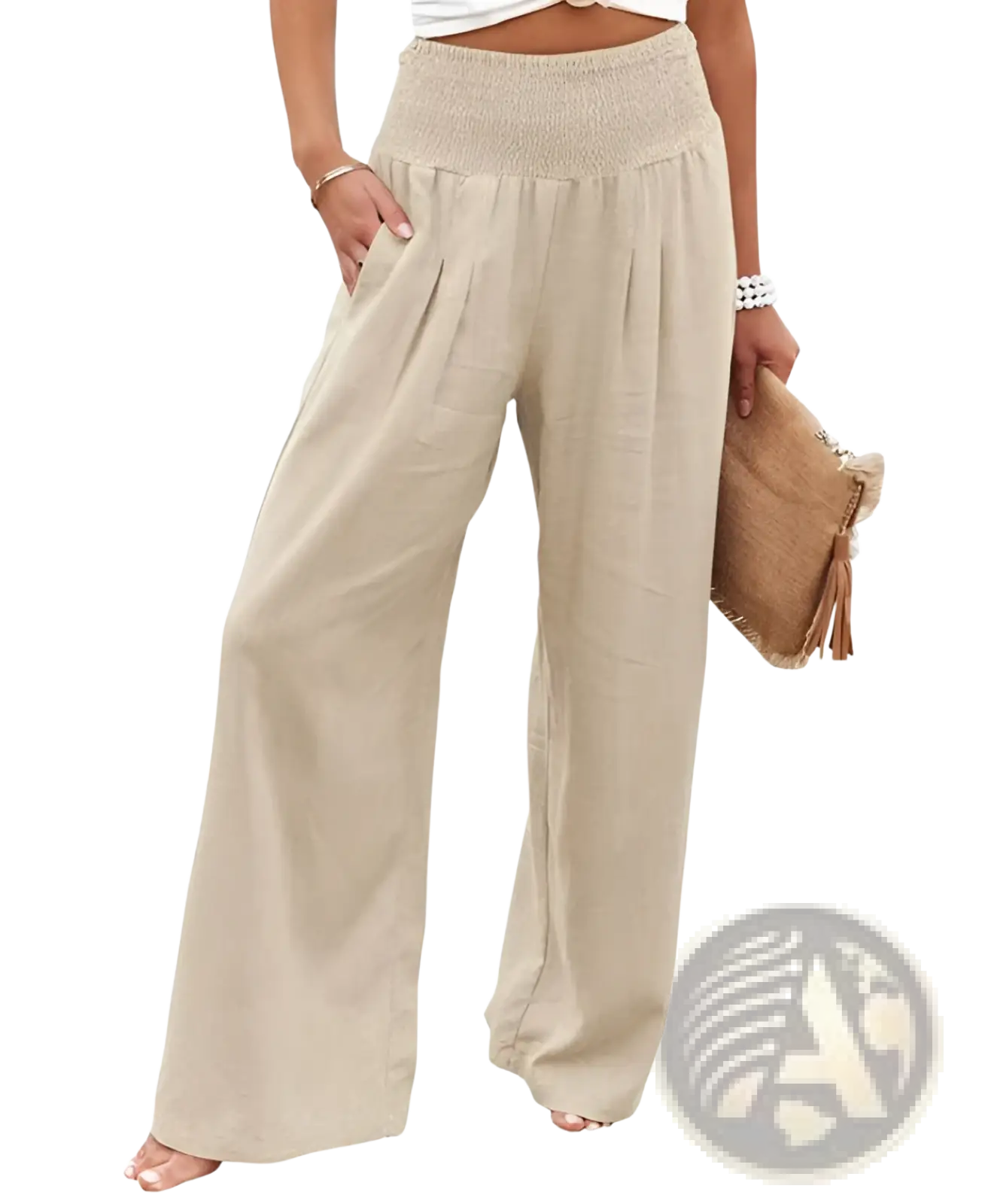 Beige smocked wide leg pants for women with a stretchy textured waistband and subtle pleats in solid color high waist
