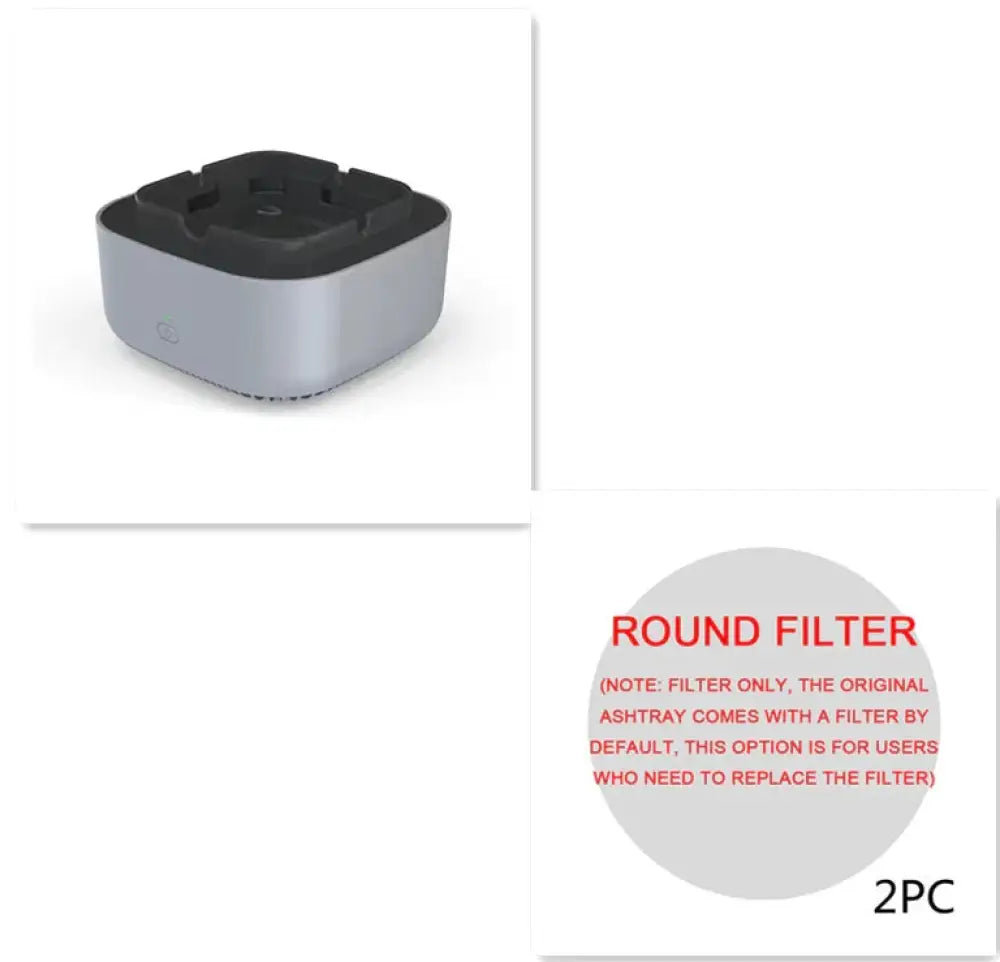 Anion smart smoke purifying portable ashtray in silver and black with a matte finish and textured grip surface