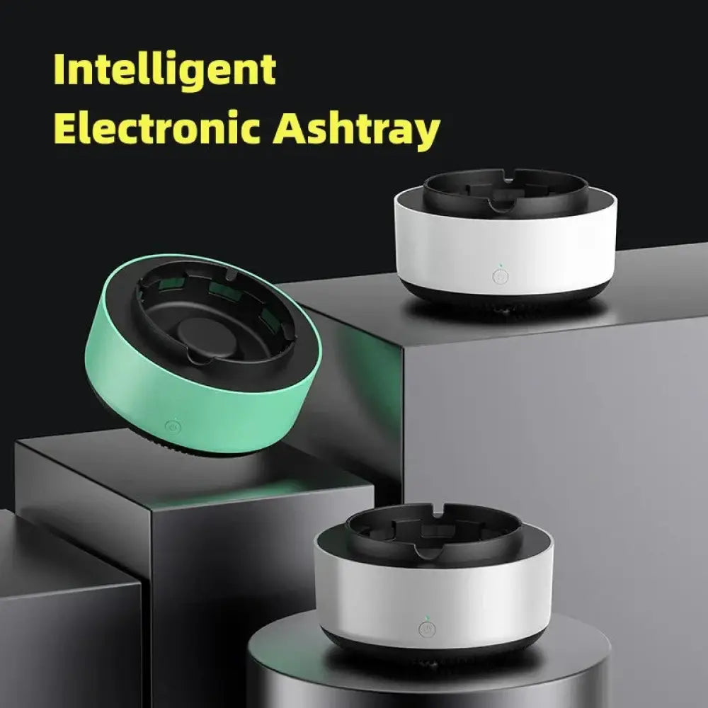 Anion smart smoke purifying portable ashtray with sleek white or mint green cylindrical body and black interior and base