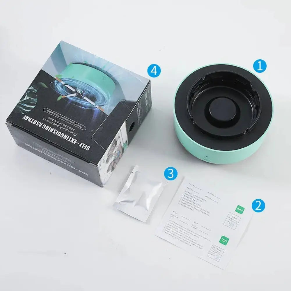 Anion smart smoke purifying portable ashtray in mint green and black with a circular self-extinguishing design