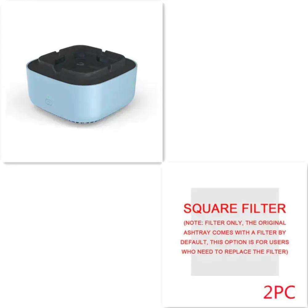 Anion smart smoke purifying portable ashtray light blue square with black interior and ventilation slots on the base