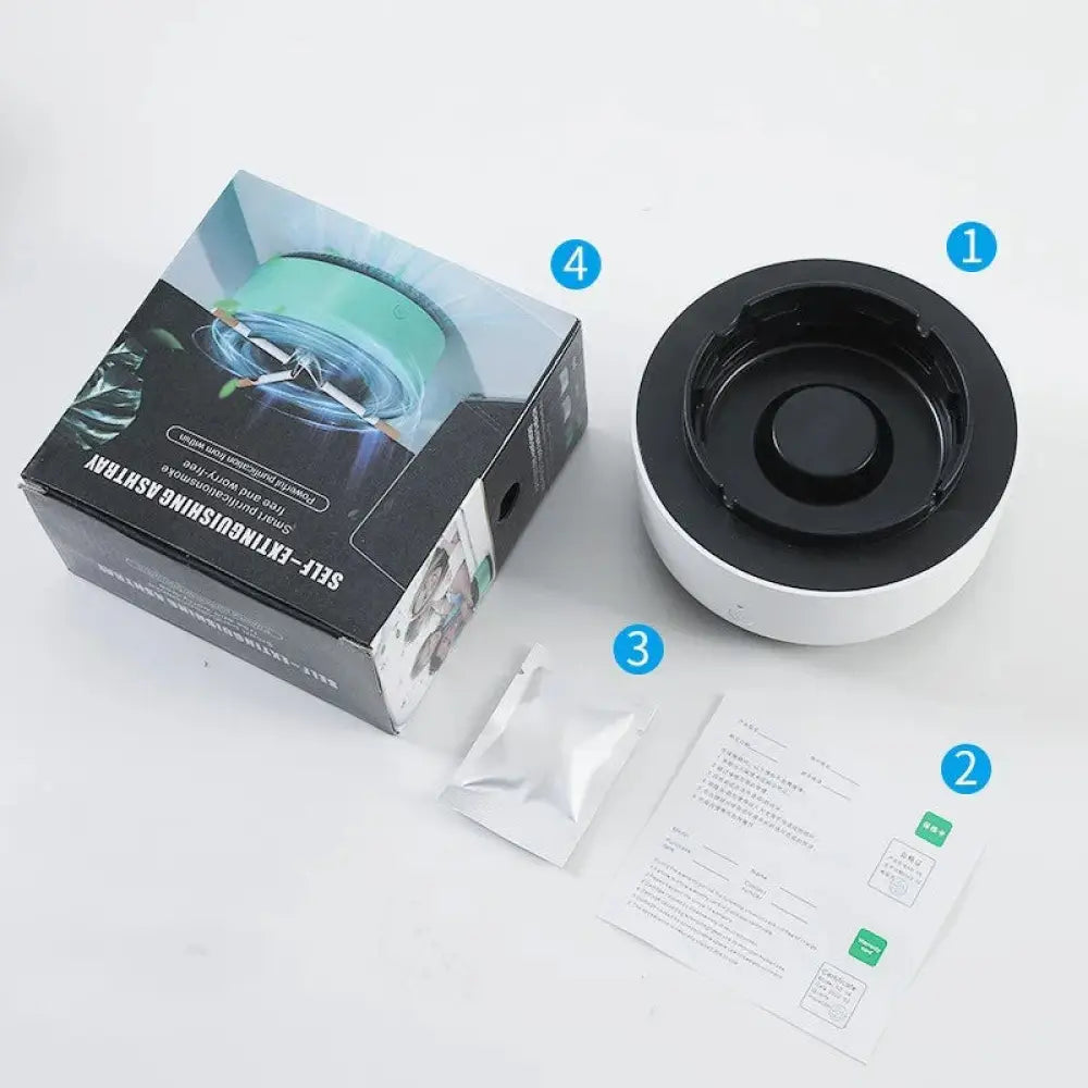 Anion smart smoke purifying portable ashtray in white and black self-extinguishing circular design