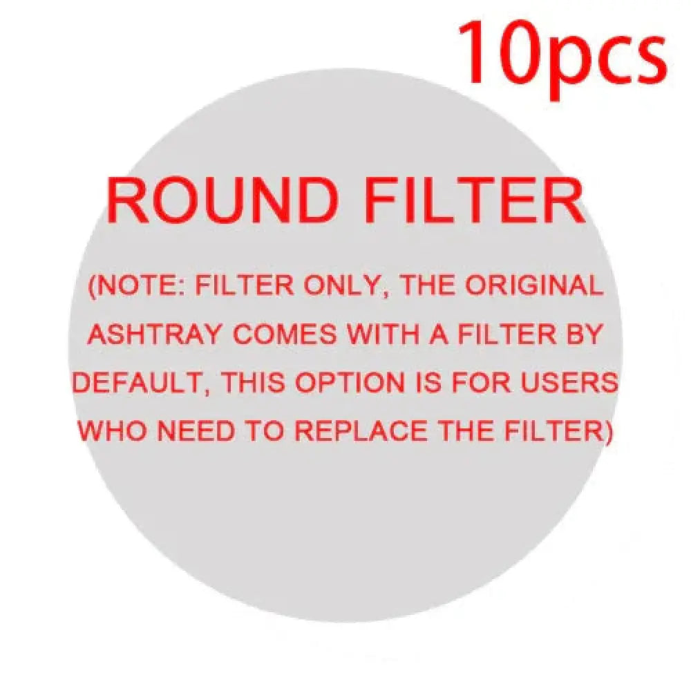 Ten round red text labeled filters for replacement in an anion smart smoke purifying portable ashtray on gray background