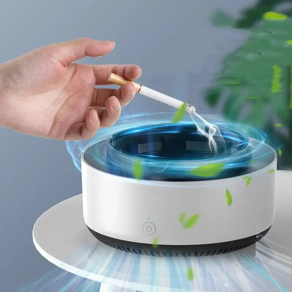 Anion Smart Smoke Purifying portable ashtray with white cylindrical ceramic body black base and blue glowing interior