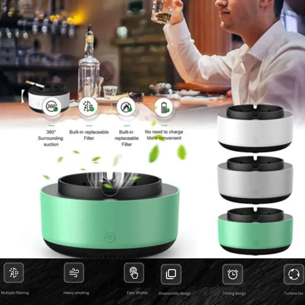 Anion smart smoke purifying portable ashtray in mint green and black with cylindrical design and built-in filter system