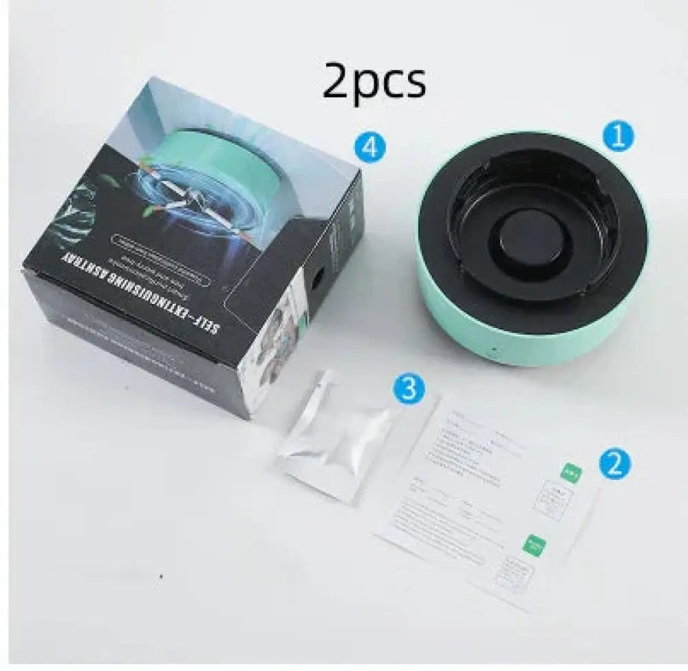 Anion smart smoke purifying portable ashtray in mint green and black with a smooth glossy finish