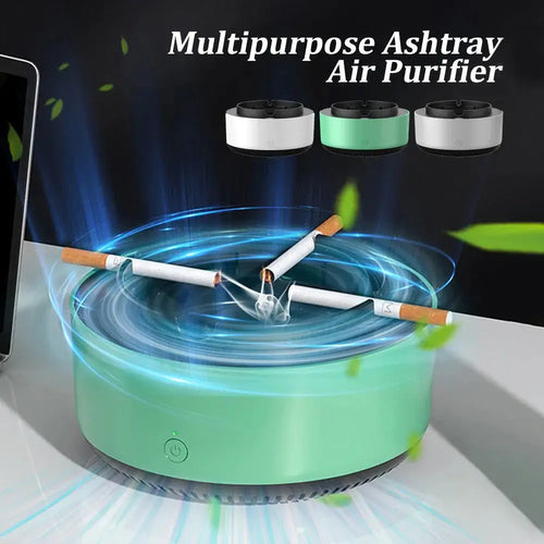 Mint green cylindrical anion smart smoke purifying portable ashtray air purifier with black base and top rim