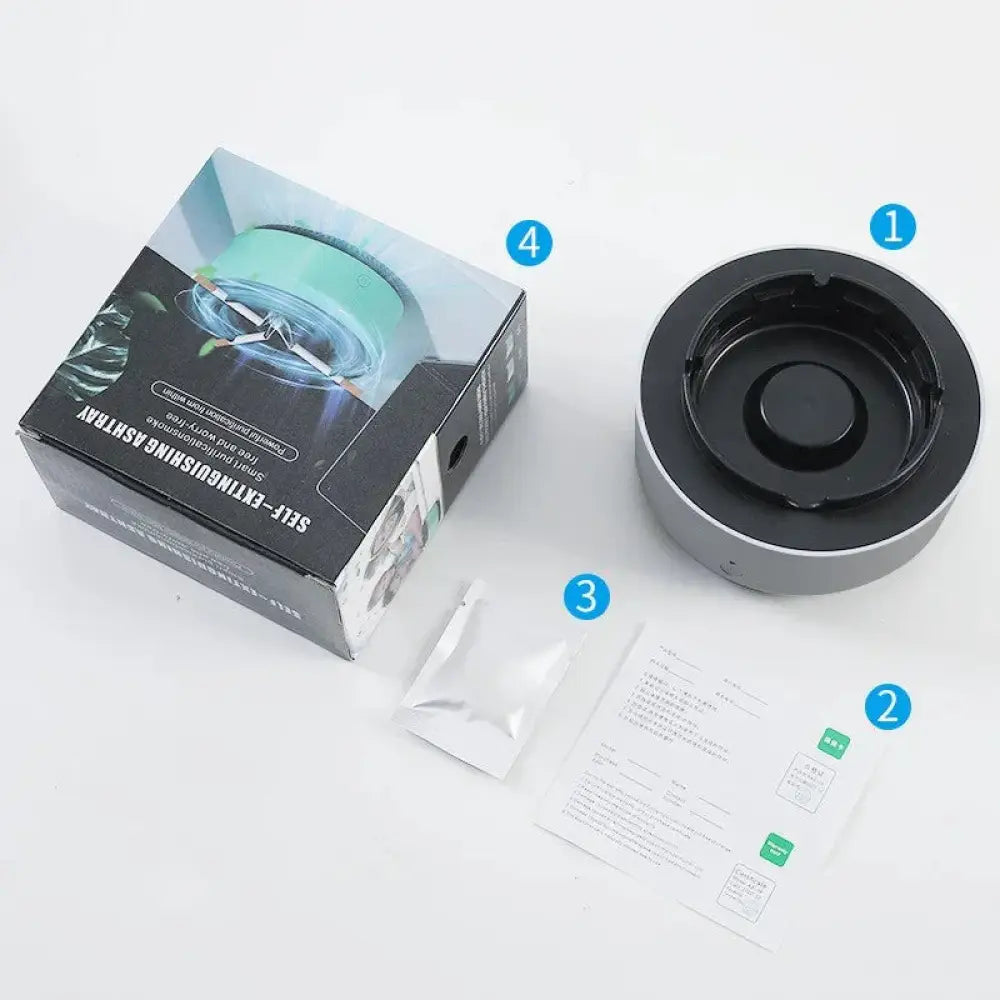 Anion smart smoke purifying portable ashtray in black and silver with self-extinguishing circular design and smooth finish
