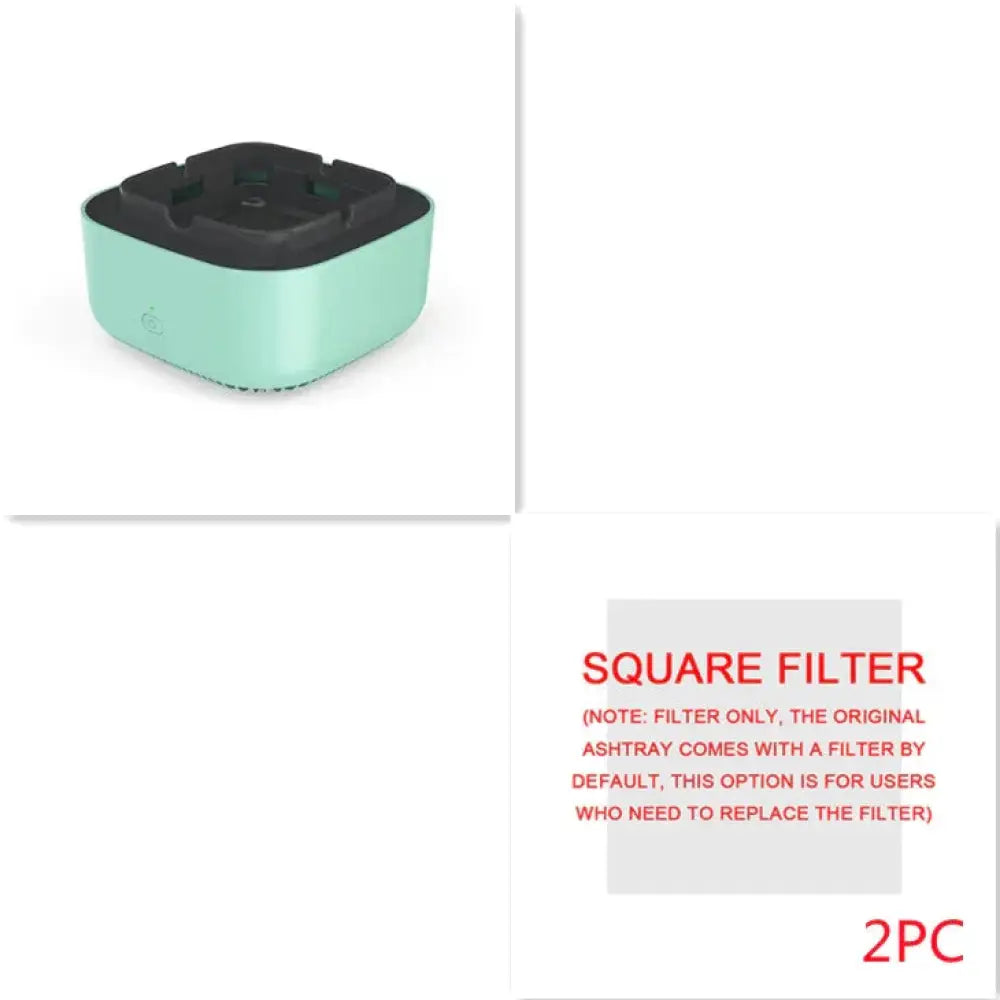 Anion smart smoke purifying portable ashtray with a mint green square filter, black top, and perforated base