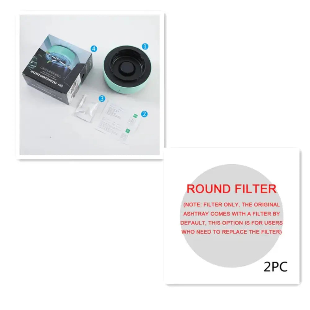 Anion smart smoke purifying portable ashtray with a round mint green and black ashtray filter and central black opening