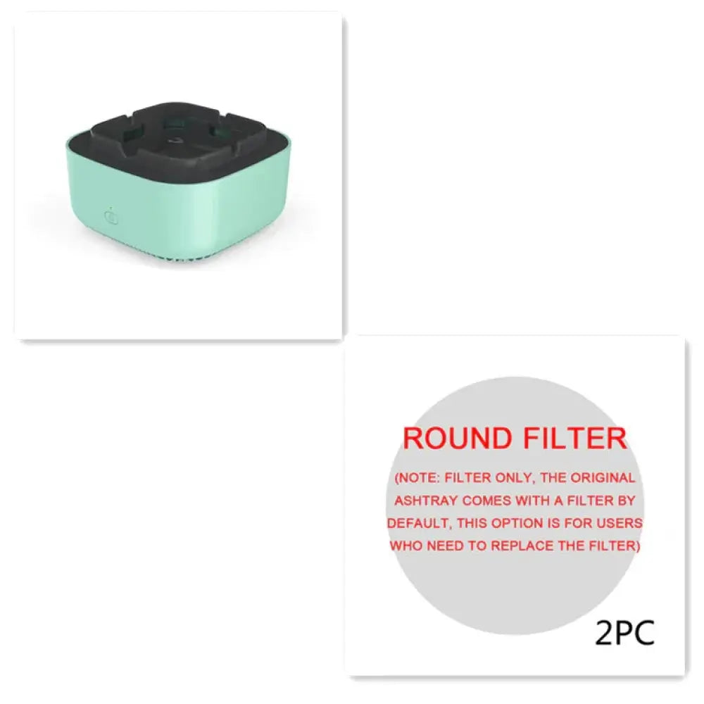 Anion smart smoke purifying portable ashtray in mint green and black with a textured rectangular top surface