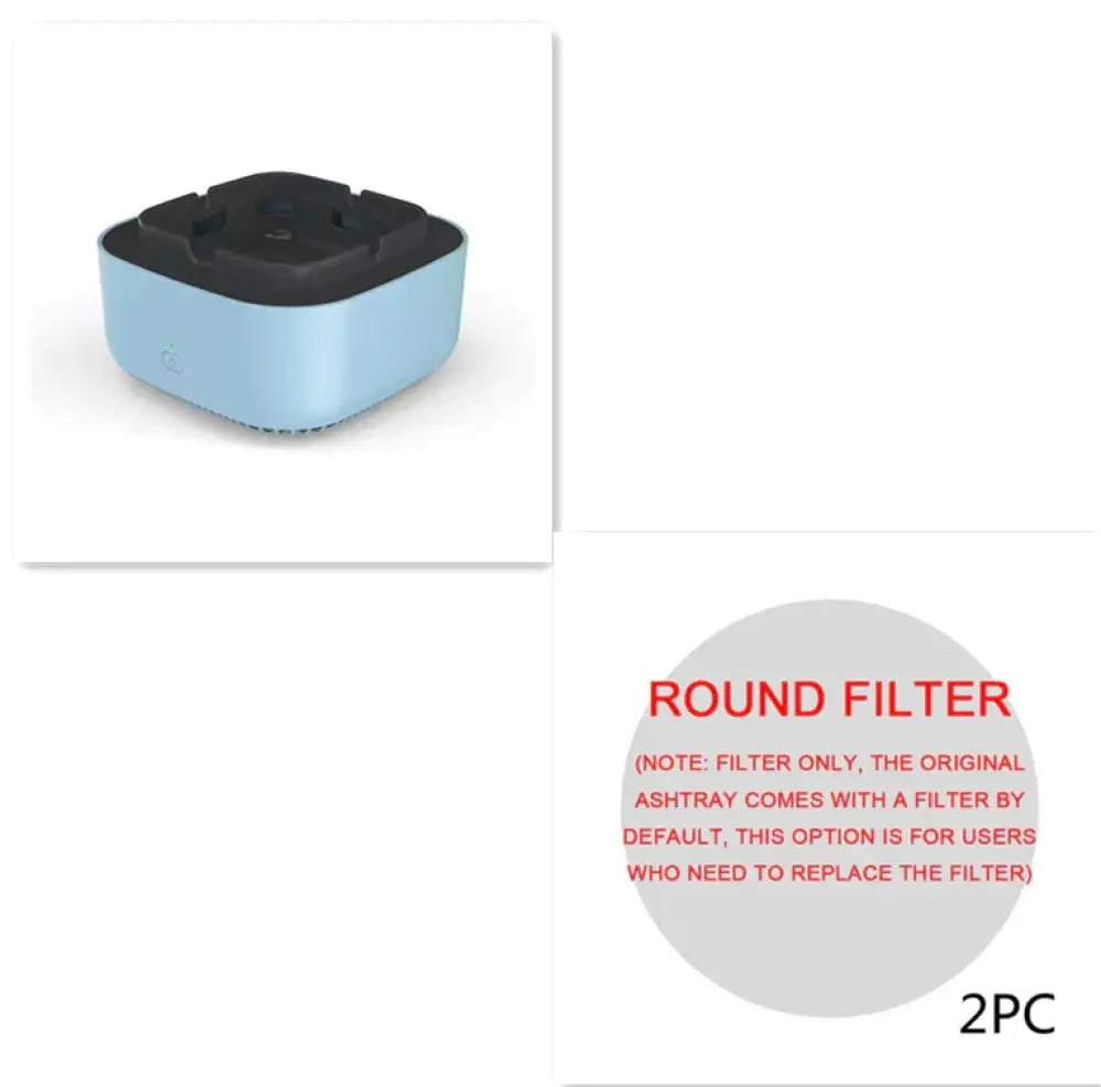 Anion smart smoke purifying portable ashtray in light blue and black with a circular filter compartment on top